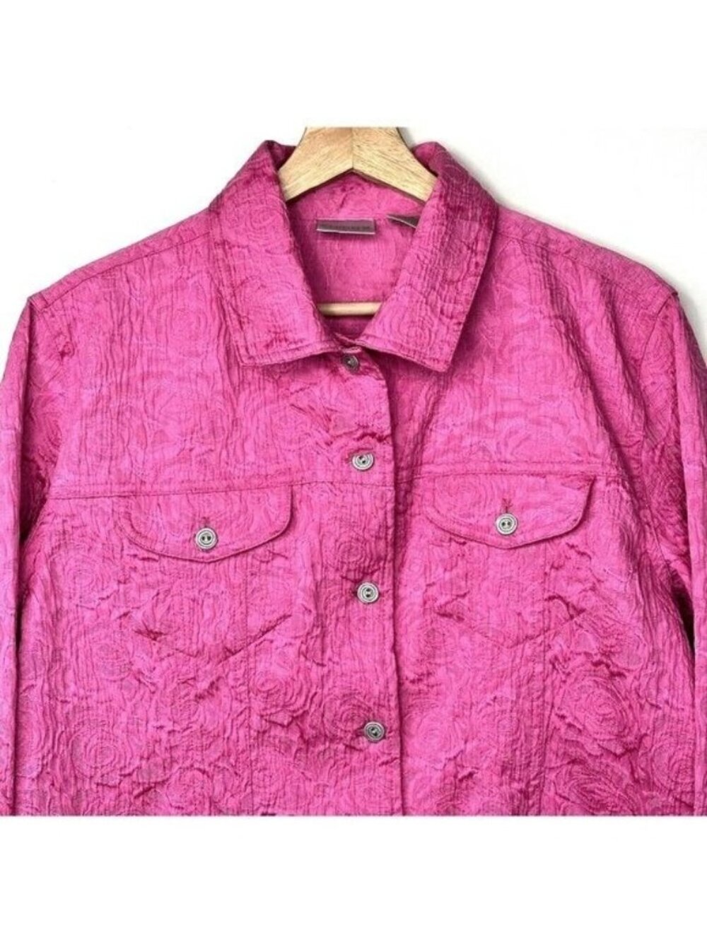 Chicos Womens 2 Pink Floral Jacquard Jacket Textured Stretch Button Up Artwear - Picture 3 of 11